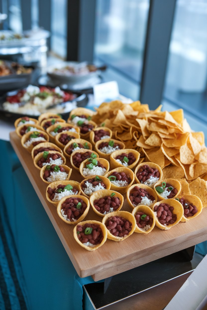 An indoor buffet table showing mini tortilla scoops filled with red beans and rice, garnished with sliced green onion and served on a rectangular wooden board. No text or logos visible.