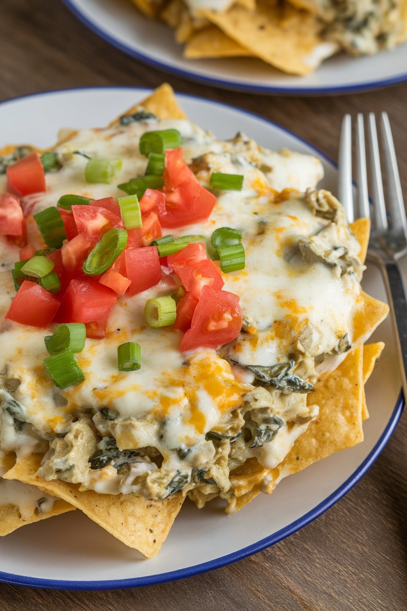 Indoor scene of nachos covered in creamy spinach-artichoke mixture and melted Monterey Jack; no text or logos, photo not illustration.