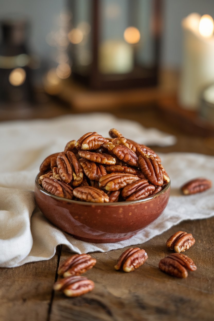 Indoor photo of a bowl of spiced candied pecans, small flecks of cayenne visible, placed on a wooden table. No logos or text.