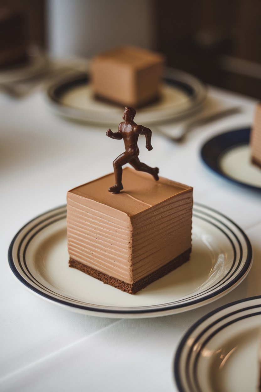 An indoor dessert plate showcasing a single square of mocha layer cake, smooth espresso buttercream, small chocolate figurine of a running player on top—no text or logos.