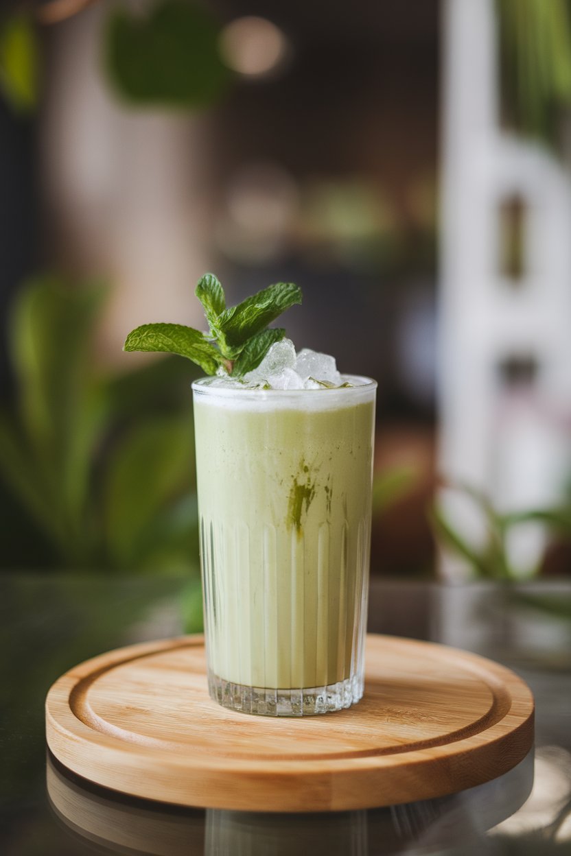 Photo of a tall clear glass indoors containing light green matcha drink, mint sprig, and crushed ice; no text or logos.