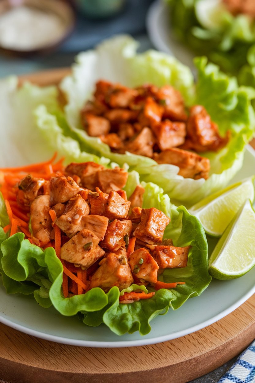 Indoor plate of crisp lettuce leaves filled with diced sweet-chili chicken and shredded carrots, lime wedges on side. No logos or text.