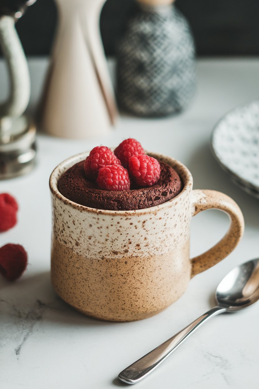 An indoor dessert scene showing a ceramic mug with a risen chocolate mug cake topped with a few raspberries; no text or logos. Photo only.
