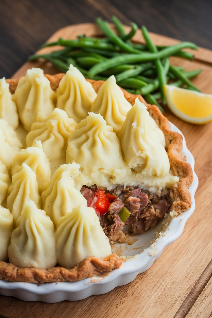 Indoor photo of a round pie dish with piped mashed potato peaks, lightly browned, revealing a bit of savory meat and vegetable filling underneath. No logos in sight.