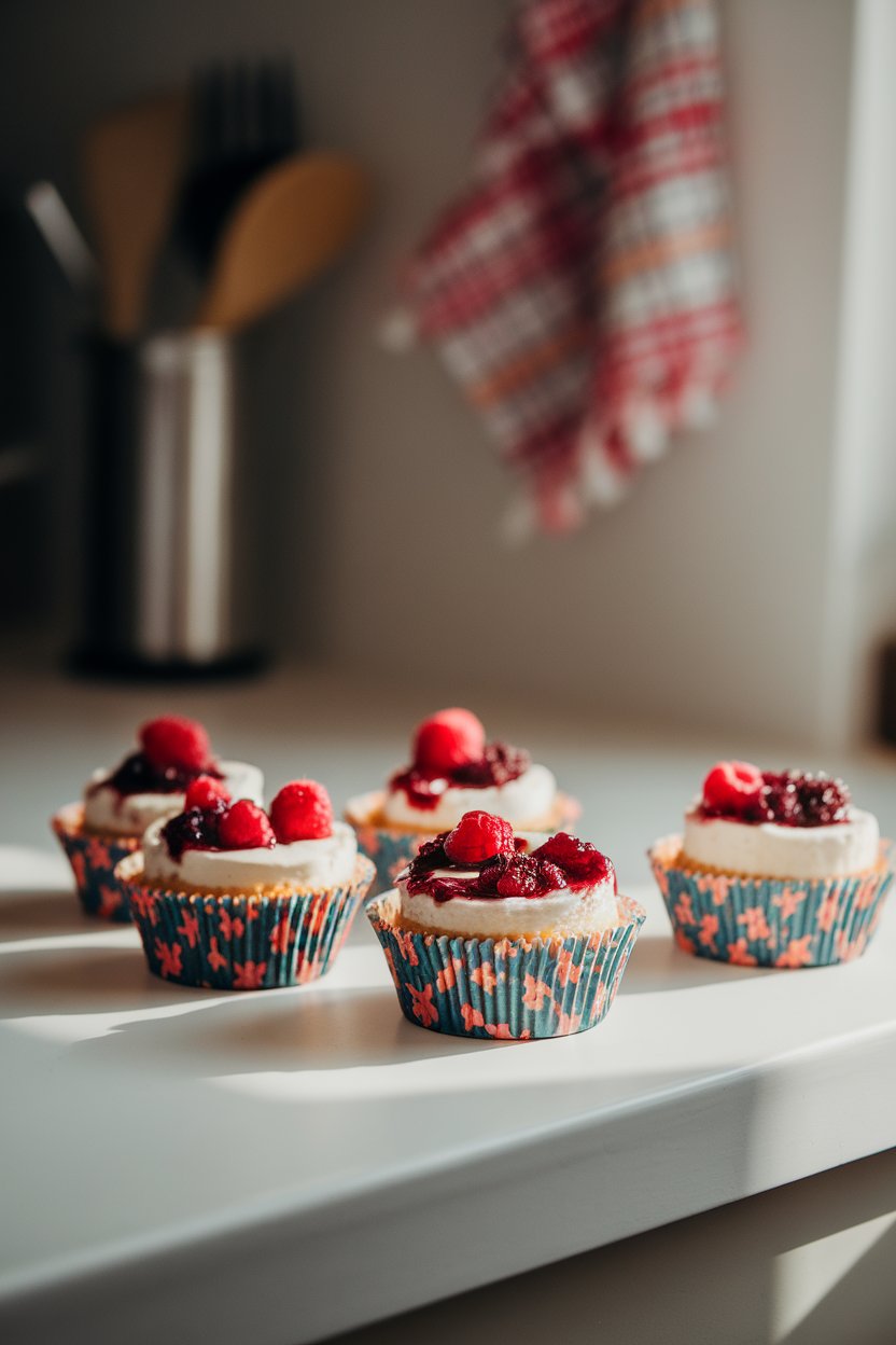 A brightly lit kitchen counter featuring individual cheesecake cups in colorful cupcake liners, topped with fresh berry compote. No text or logos; photo, not illustration.