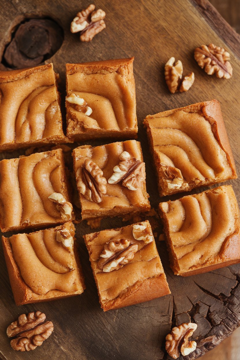Indoor photo of butterscotch blondies arranged on a rustic wooden board; no text or logos.