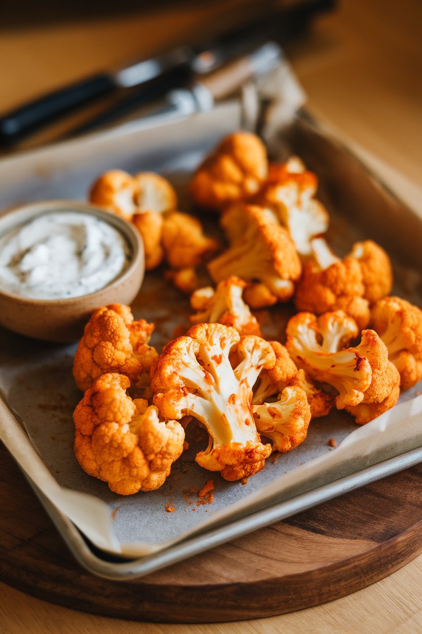 Indoor photo of roasted buffalo cauliflower florets on a parchment-lined tray with a side of ranch dip; no text or logos