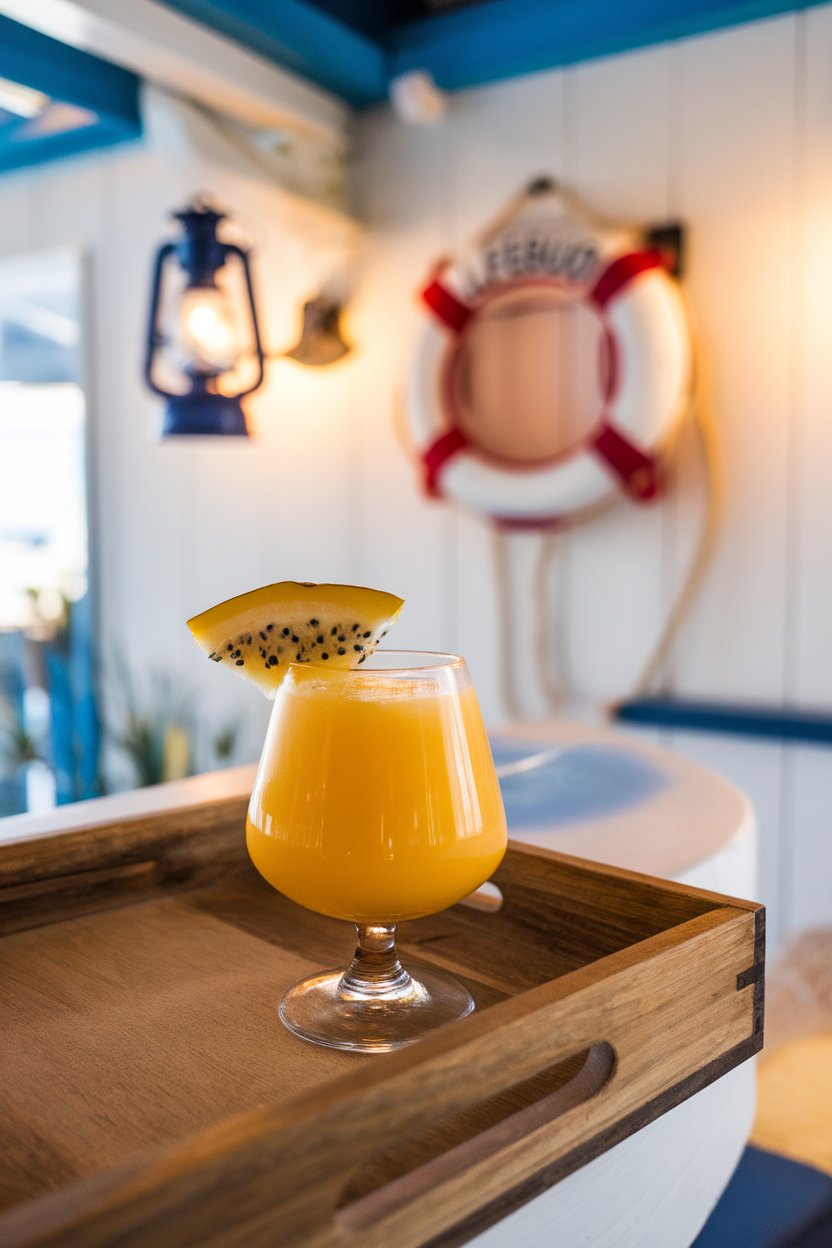 Indoor seaside-themed bar with a stemless snifter of bright yellow punch, slice of starfruit perched on rim, no text or logos, photo