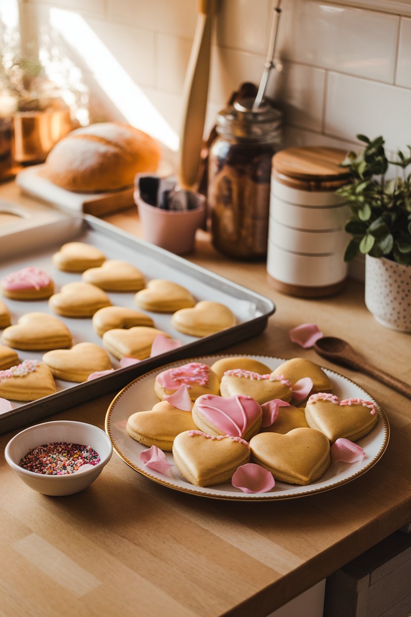 A warmly lit indoor kitchen counter with a tray of golden heart-shaped sugar cookies, lightly iced in pink and white, resting beside a small bowl of sprinkles. Photo, no text or logos.