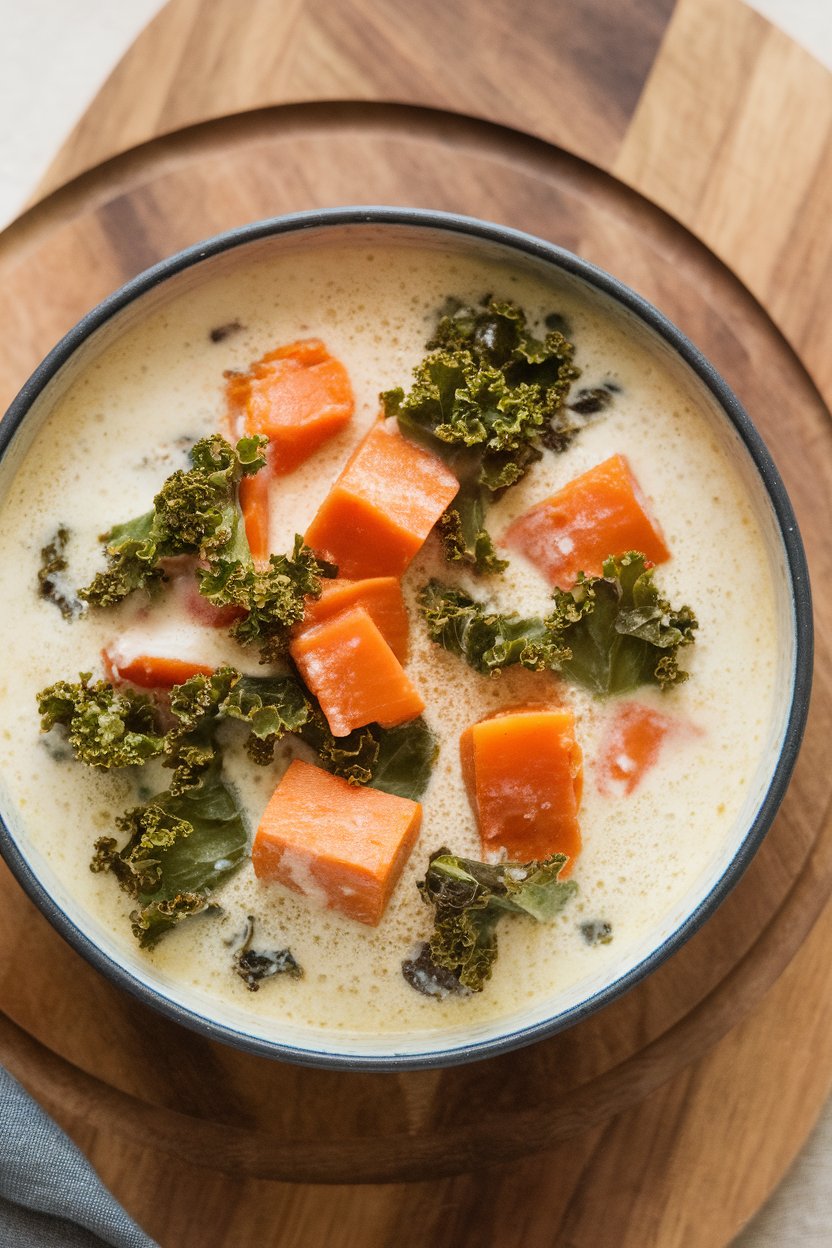 An indoor bowl of creamy coconut stew with orange sweet potato cubes and bright kale ribbons. No text or logos.