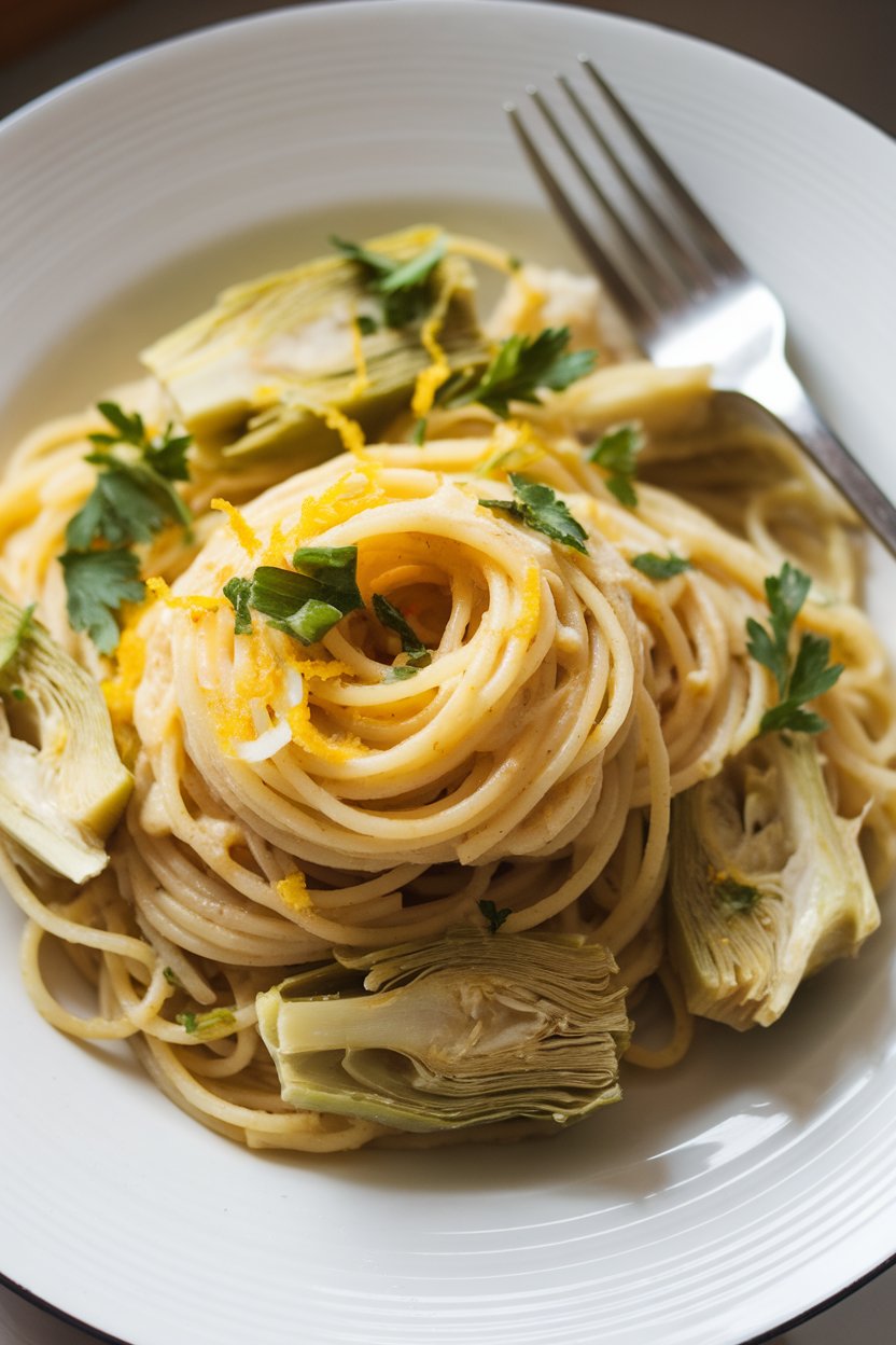 An indoor plate of spaghetti twirled with artichoke hearts, lemon zest, and parsley; a fork rests on the rim. No text or logos. Photo.
