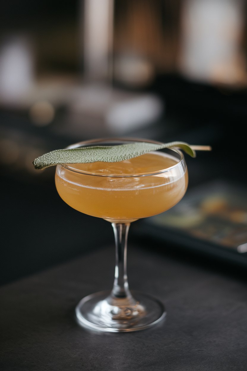 Photo of a coupe glass indoors with golden daiquiri, fresh sage leaf floating; no text or logos.