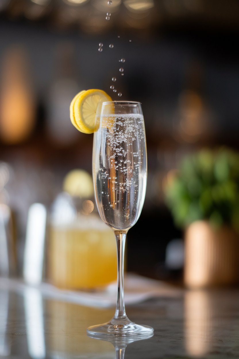 Indoor bistro bar with a slim flute of sparkling cocktail, lemon twist perched elegantly, bubbles rising visibly, no text or logos, photo
