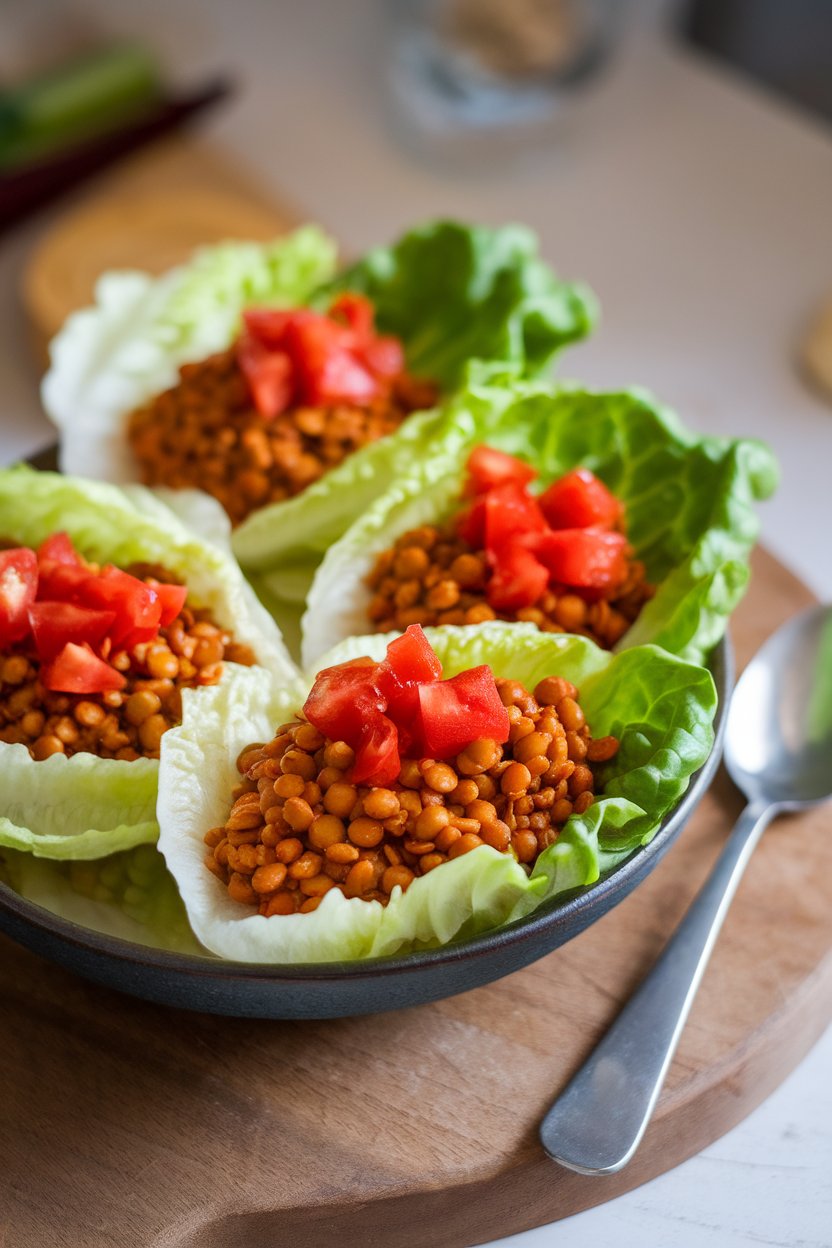 Indoor photo of butter lettuce leaves filled with curried red lentils and topped with diced tomatoes. No text or logos.