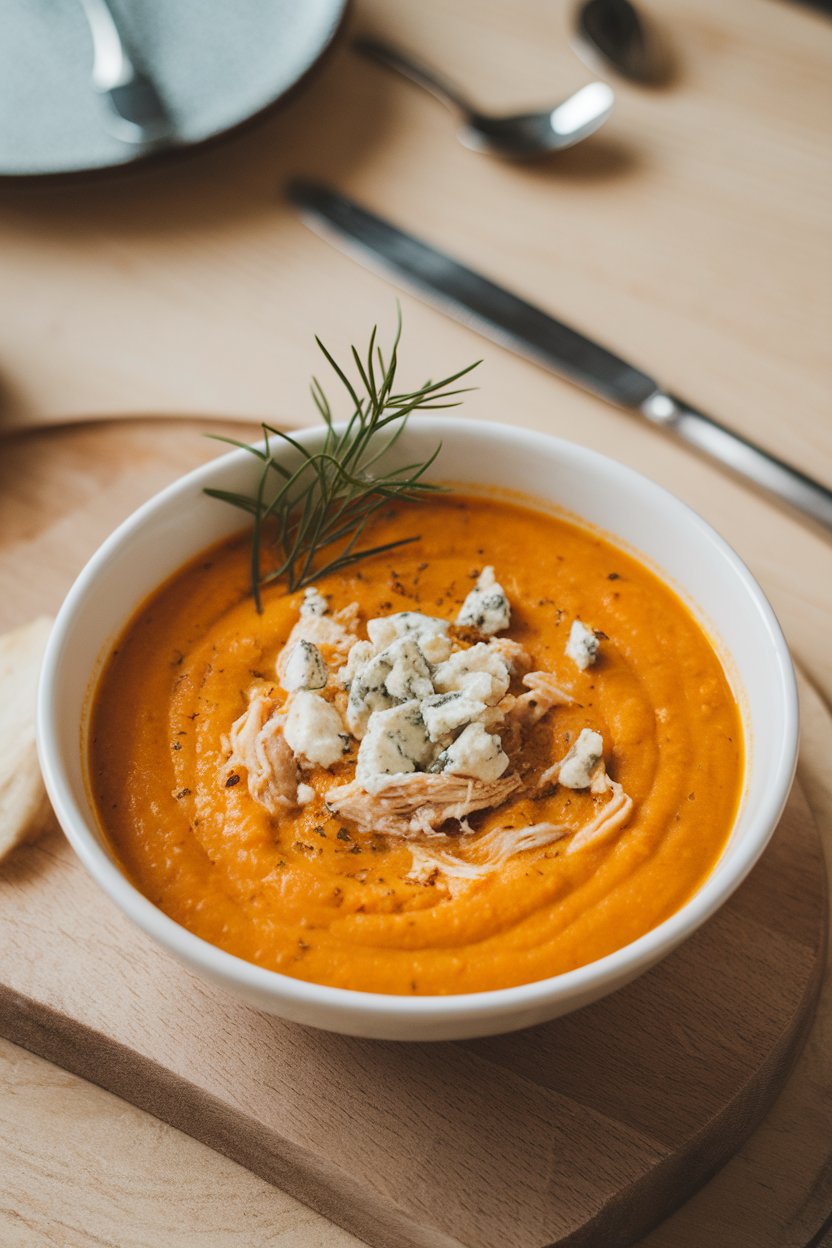 Indoor photo of an orange-tinted creamy soup dotted with shredded chicken and topped with crumbled blue cheese; no logos or text.