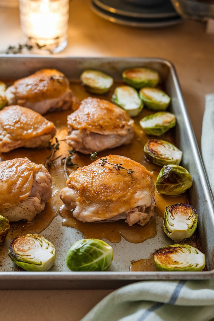 A warmly lit indoor kitchen counter displaying a metal sheet pan filled with roasted chicken thighs glazed in maple-Dijon sauce, halved Brussels sprouts browned at the edges, and a few thyme sprigs. No text or logos in the scene. Photo only.