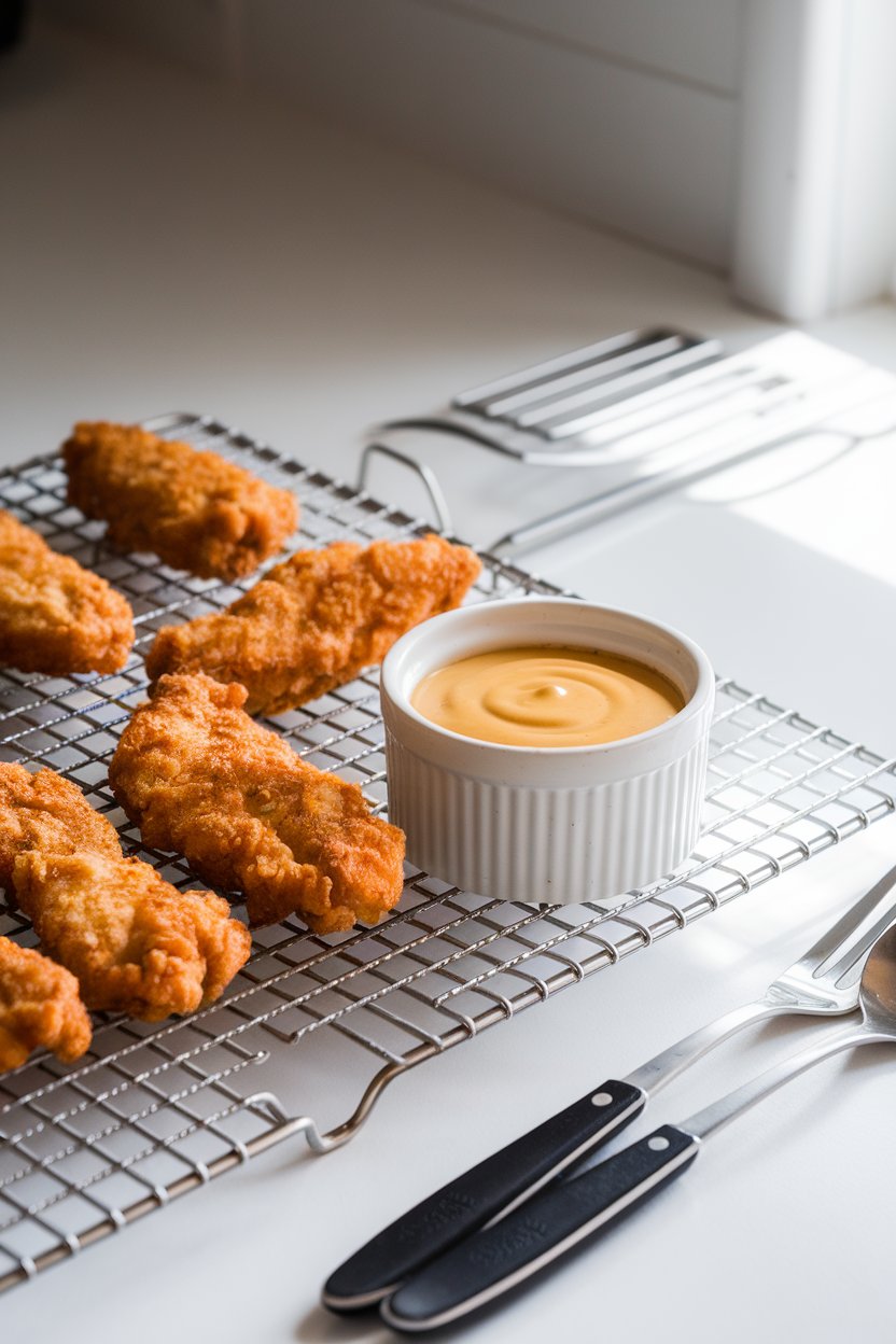 A brightly lit indoor kitchen counter with a wire rack holding golden chicken tenders and a ramekin of honey-mustard dipping sauce. No text or logos on utensils.