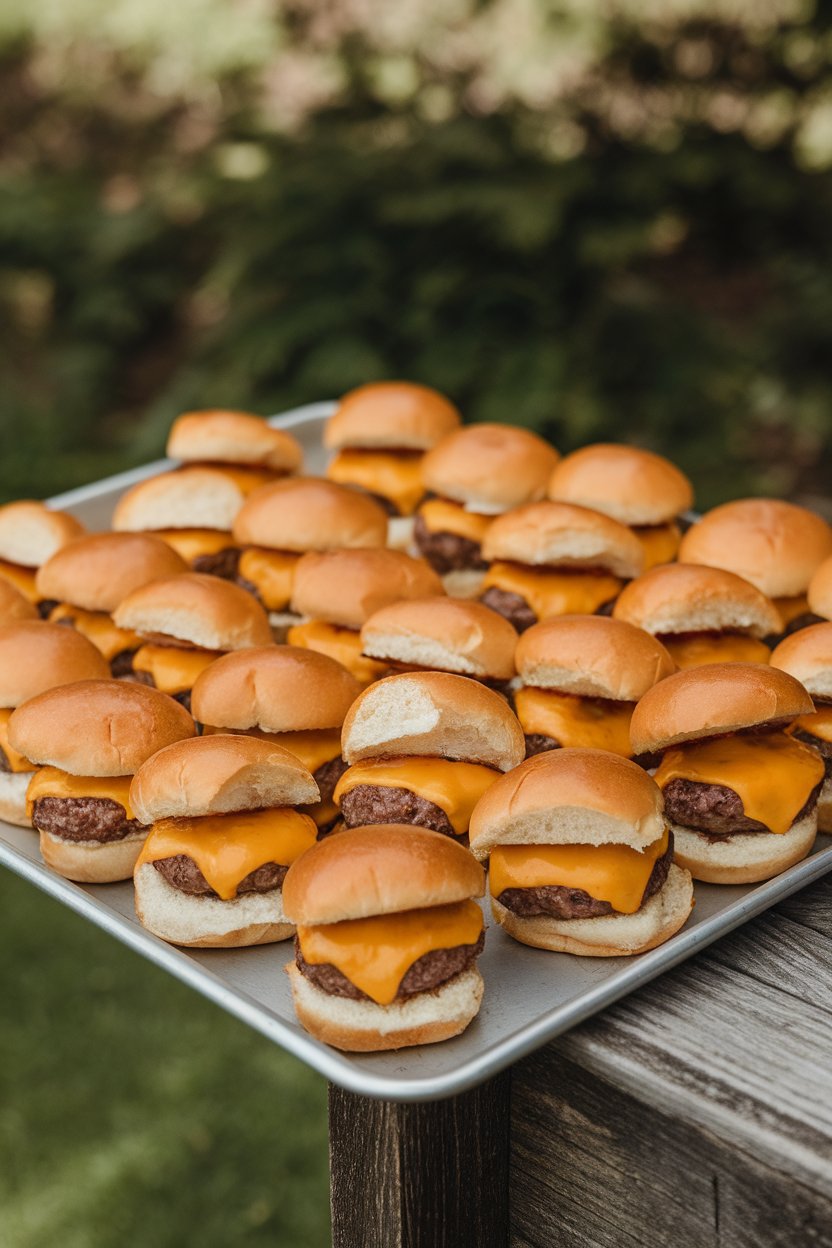 Indoor photo of mini burgers with melted pepper jack oozing from the center, arranged on a tray with slider buns. No text or logos.