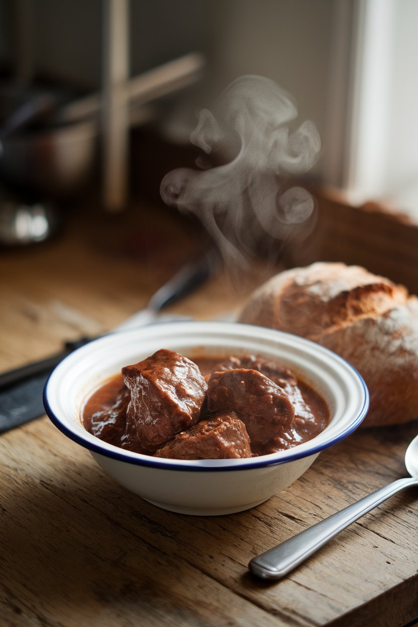 Indoor rustic wooden table showing a bowl of beef stew glazed with bourbon-brown sugar sauce, steam curling upward. No text or logos. Photo.