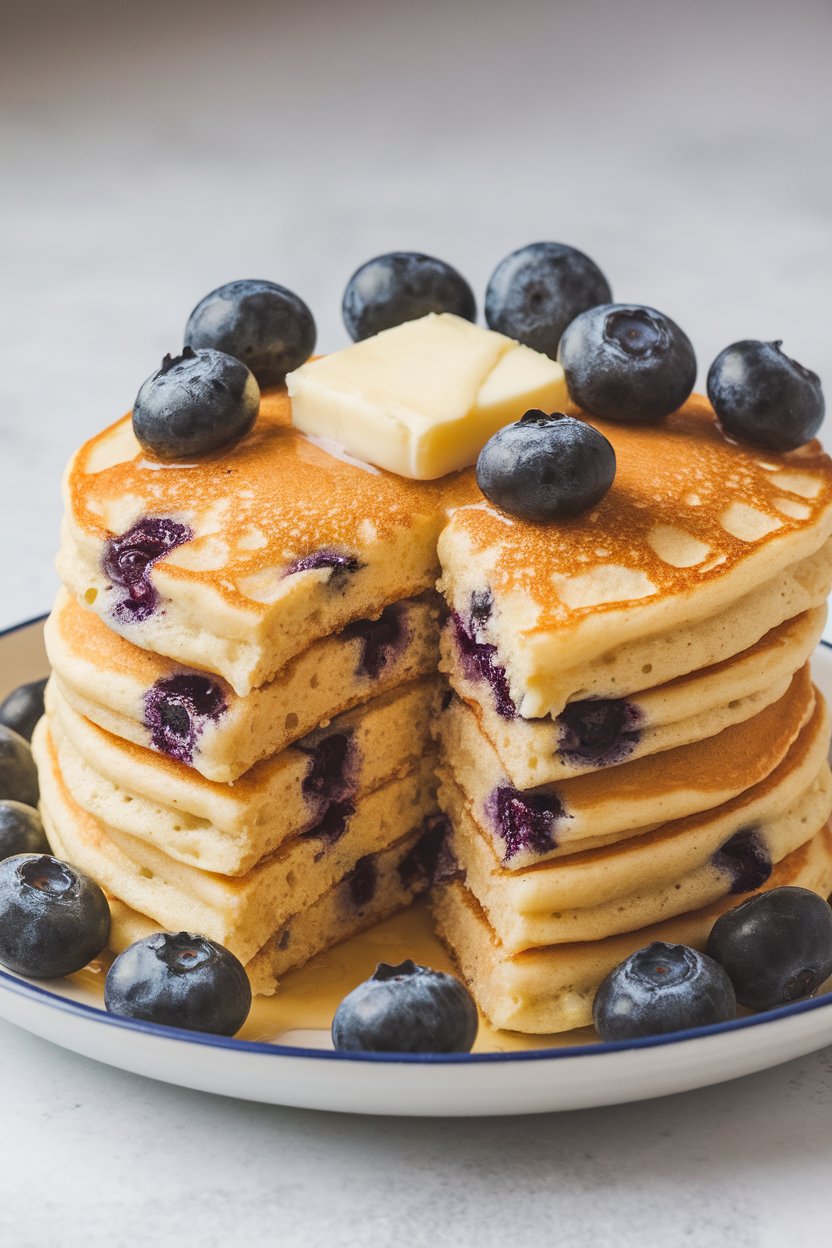 Indoor tabletop showing a stack of golden blender pancakes studded with blueberries, a pat of butter melting on top, no logos or text.