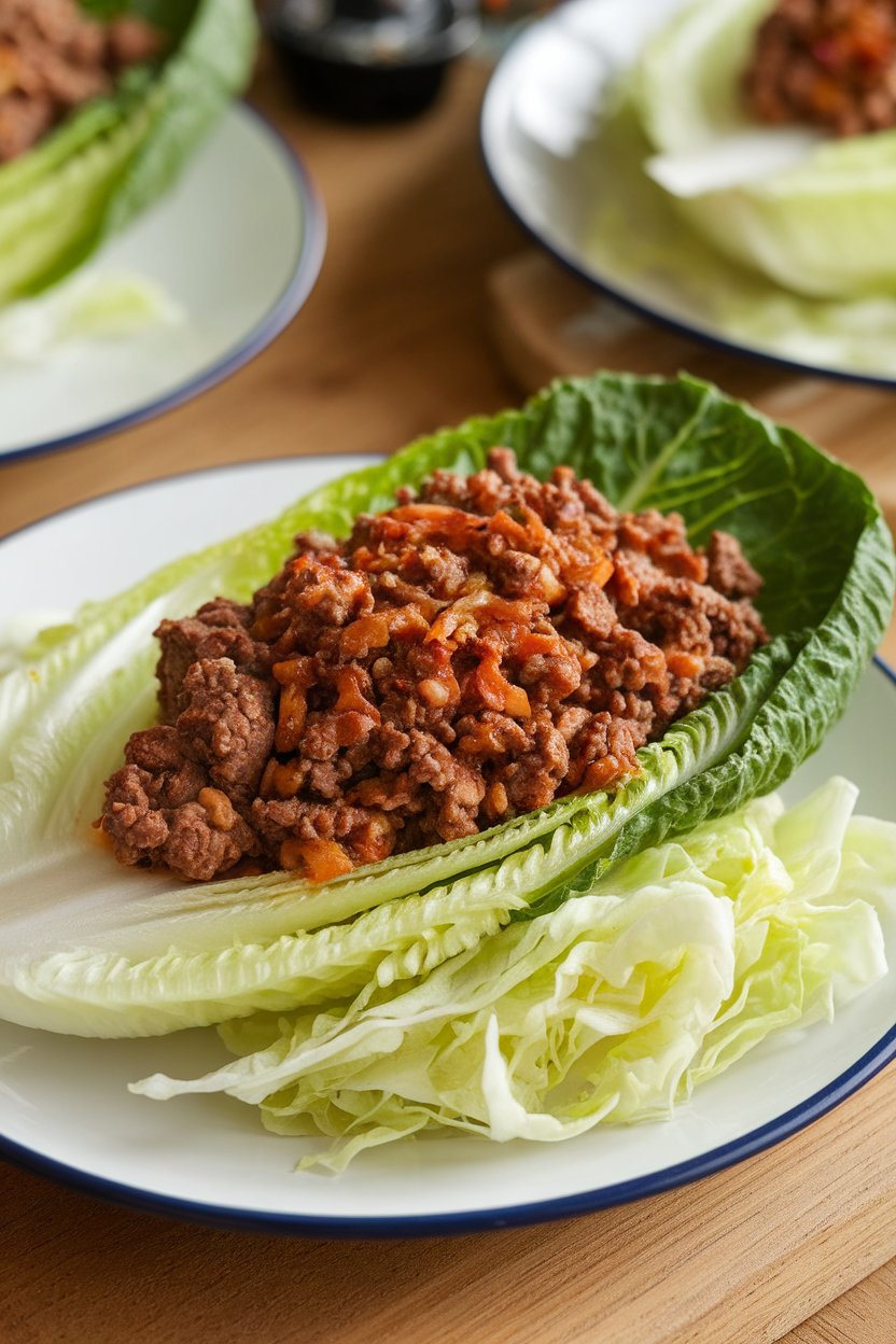 An indoor dinner plate with romaine leaves filled with savory ground beef stir-fry mixture and shredded cabbage; no text or logos. Photo only.