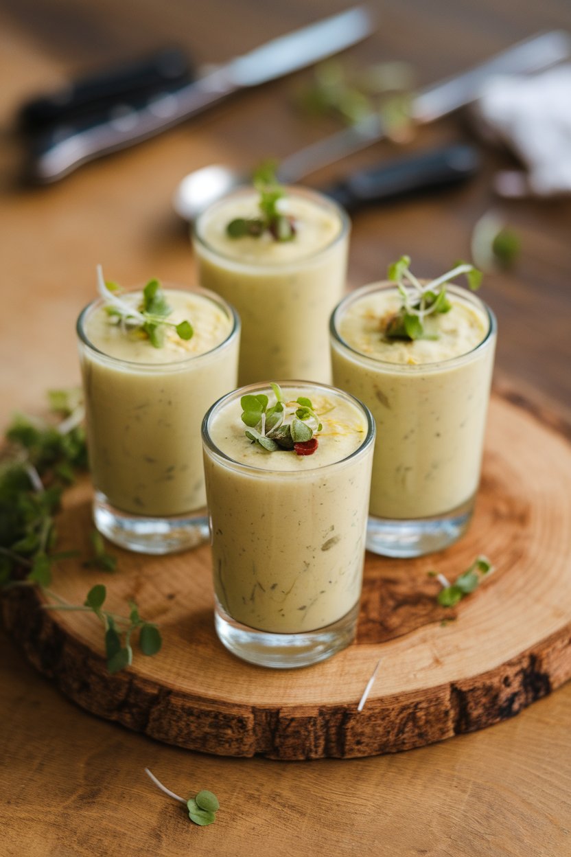 Indoor photo of small glass shooters filled with creamy potato-leek soup, micro-green garnish, no text or logos