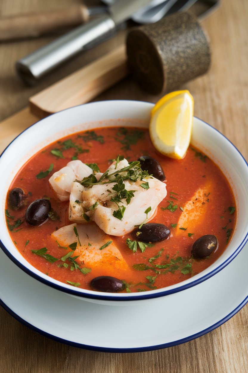 Indoor image of a tomato-based fish soup—chunks of cooked white fish, olives, and herbs in a light red broth, served with lemon wedge on the rim. No text or logos. Photo.