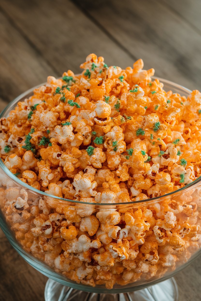 An indoor big glass bowl of popcorn coated with orange Buffalo seasoning and green flecks of ranch powder—no text or logos. Photo, not illustration.