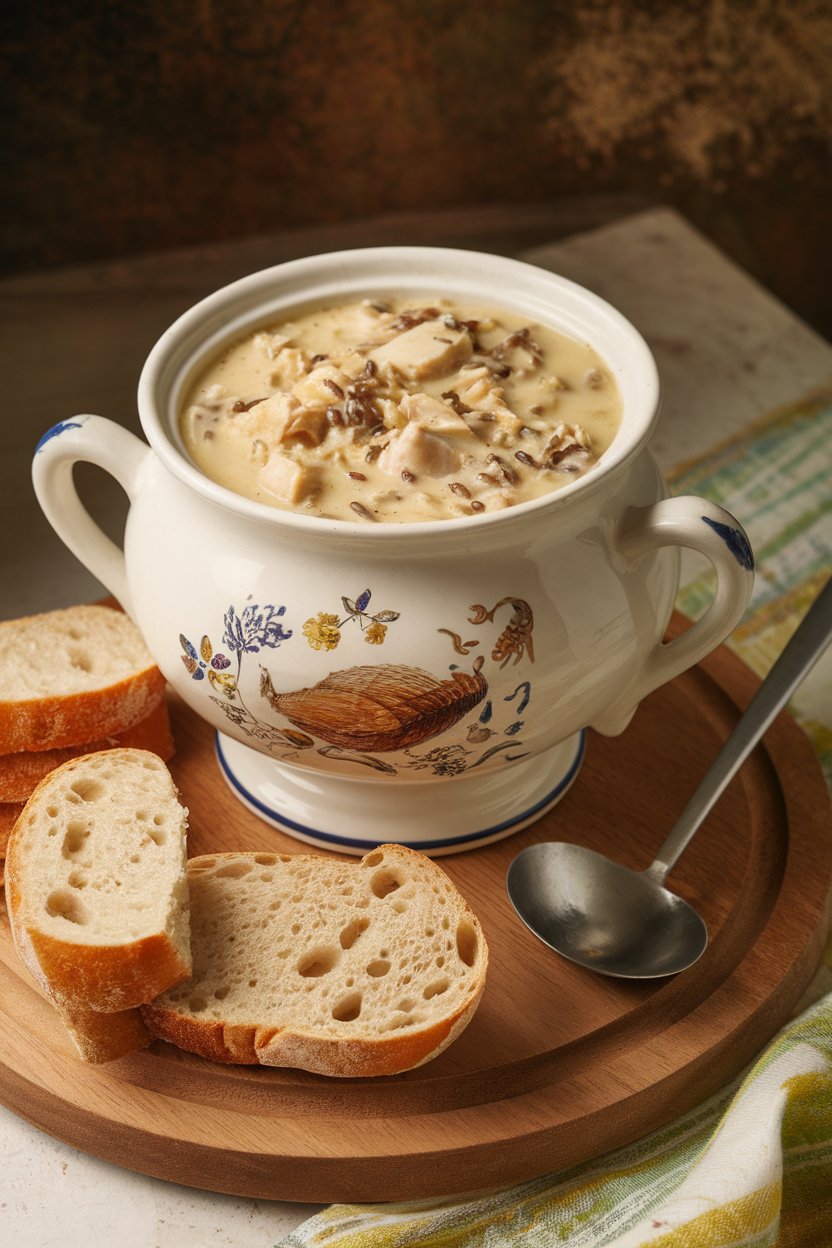 Indoor soup tureen filled with creamy chicken and wild rice soup, ladle ready to serve. No text or logos.