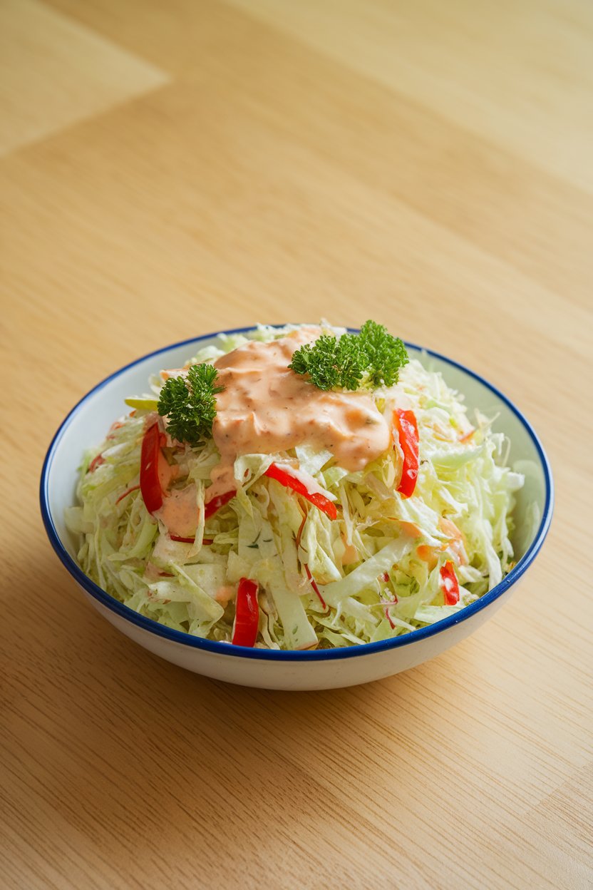A brightly lit indoor bowl of shredded cabbage slaw flecked with red peppers and parsley, creamy dressing visible. Photo, no text or logos.
