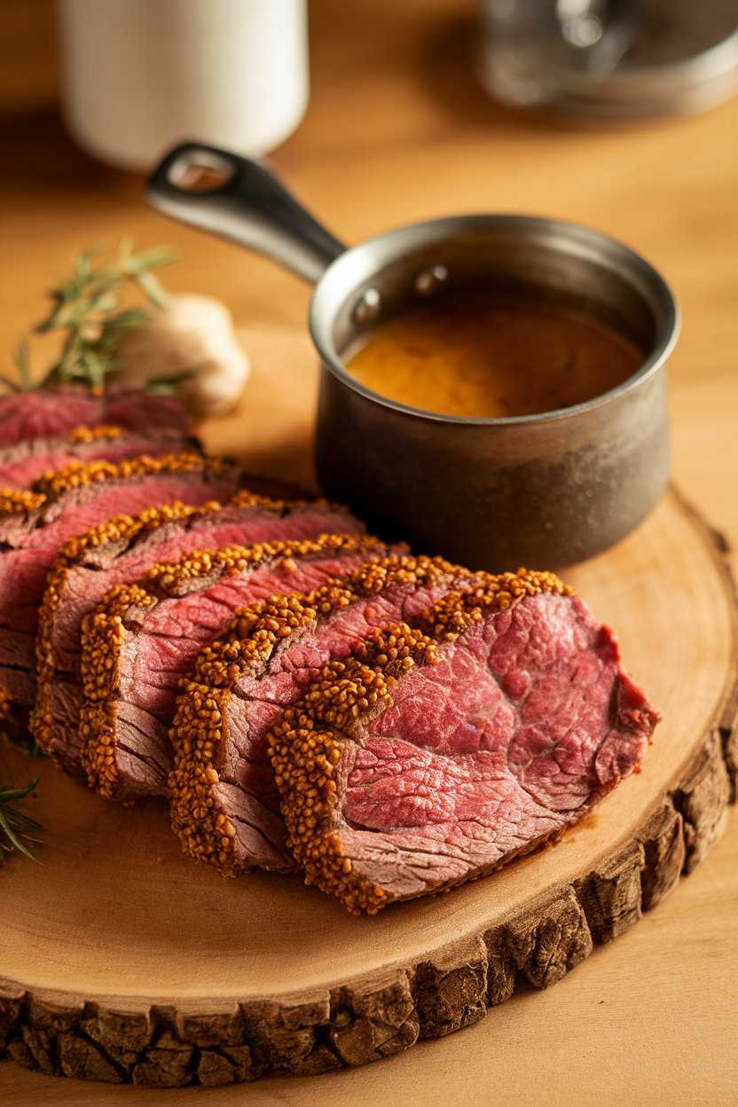 Indoor board with beef slices showing visible mustard seed crust, small pot of gravy beside. No logos or text.