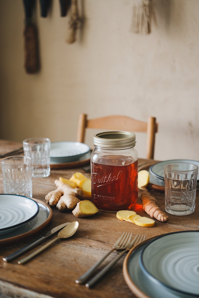 Indoor farmhouse table with mason jar of amber switchel, ginger slices and turmeric root nearby, no text or logos.
