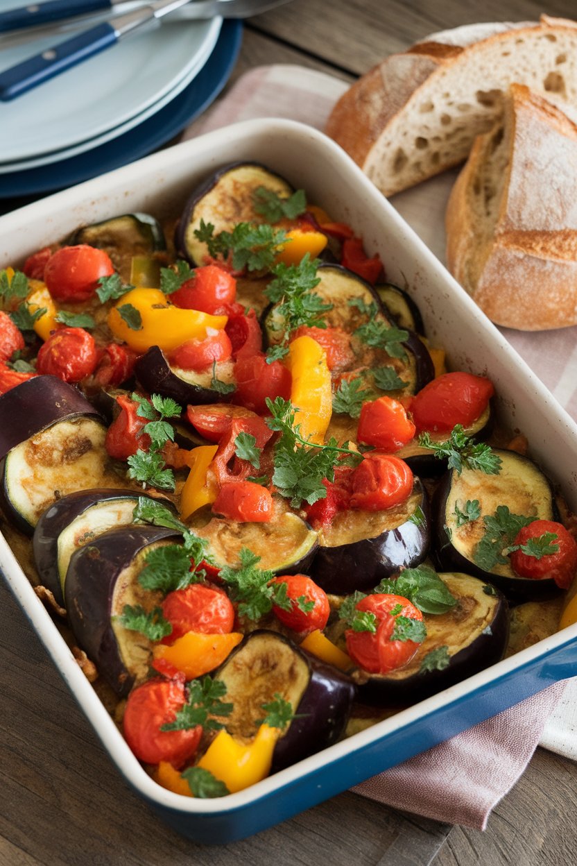 Indoor casserole dish filled with cooked eggplant, zucchini, bell peppers, and tomatoes in herb sauce. No text or logos present.