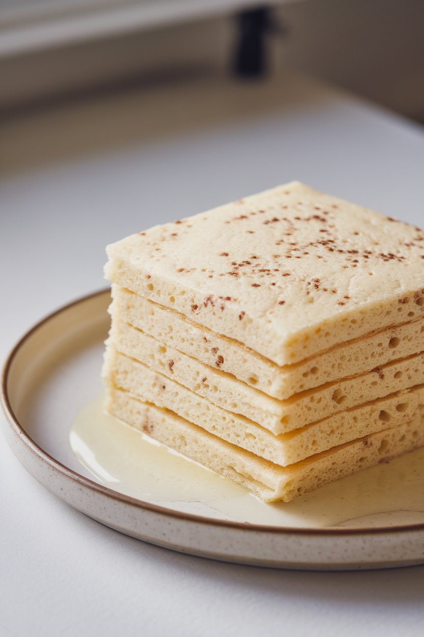 Close-up of a pale vanilla pancake square dotted with vanilla bean specks, served on a simple white plate indoors, no text or logos.