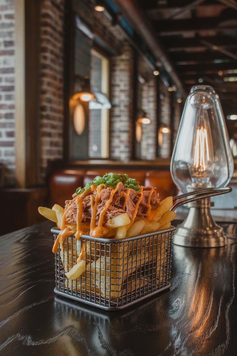 An indoor pub-style table featuring a metal basket of crispy fries topped with shredded pulled pork, gooey cheese sauce, and chopped green onions. No text or logos present. Photo, not illustration.