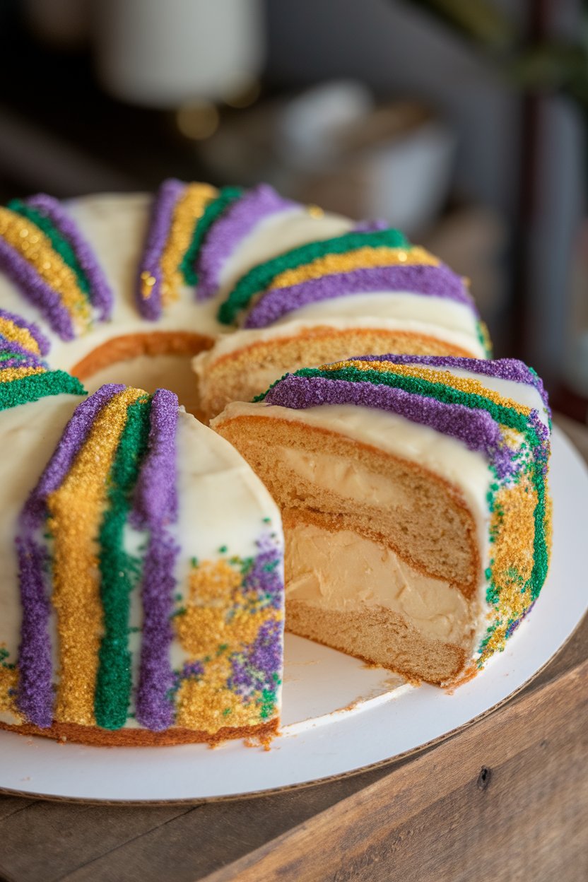 Indoor photo of a round king cake with one slice pulled out, revealing creamy filling; icing striped with purple, green, and gold sugars; no text or logos.