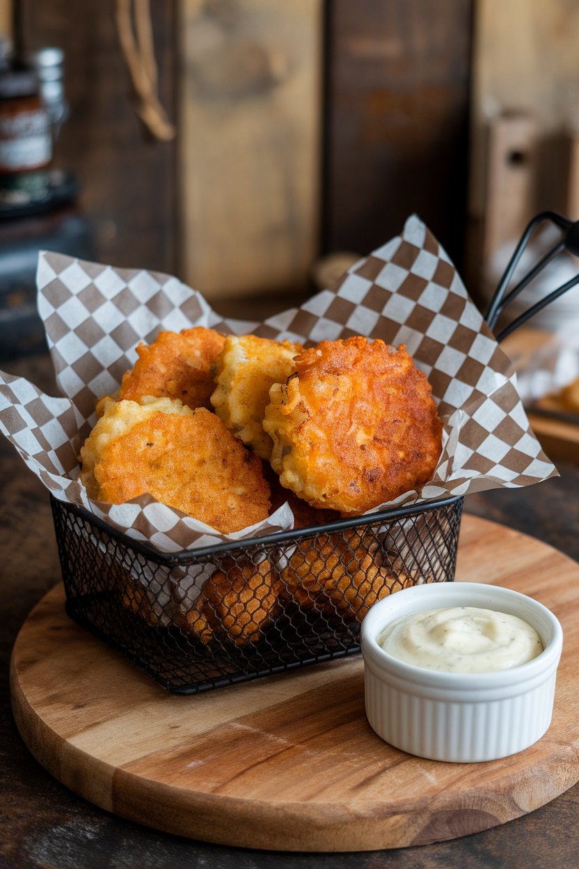 An indoor family-style table holding golden fried cheddar-grits fritters in a shallow basket lined with checkered paper, accompanied by a ramekin of spicy aioli. No text or logos in view.