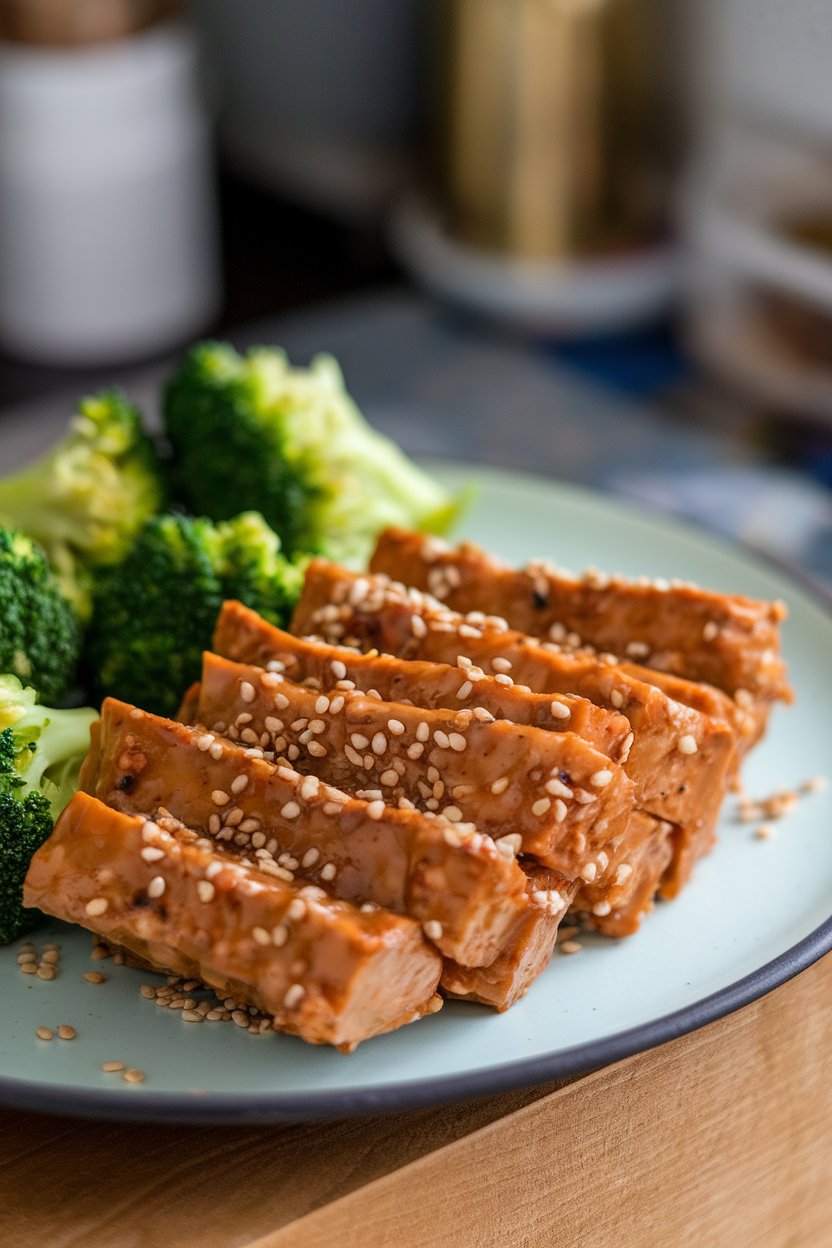 An indoor plate of sliced baked tempeh glazed with sesame-ginger sauce, sprinkled with sesame seeds and paired with steamed broccoli. No text or logos. Photo only.