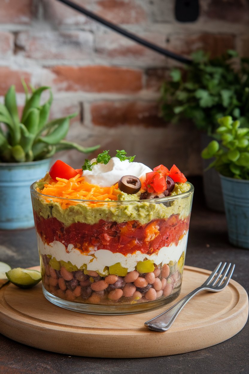 Indoor photo of a glass dish showing colorful layers of beans, guac, salsa, sour cream, cheese, olives, and tomatoes; no text or logos.