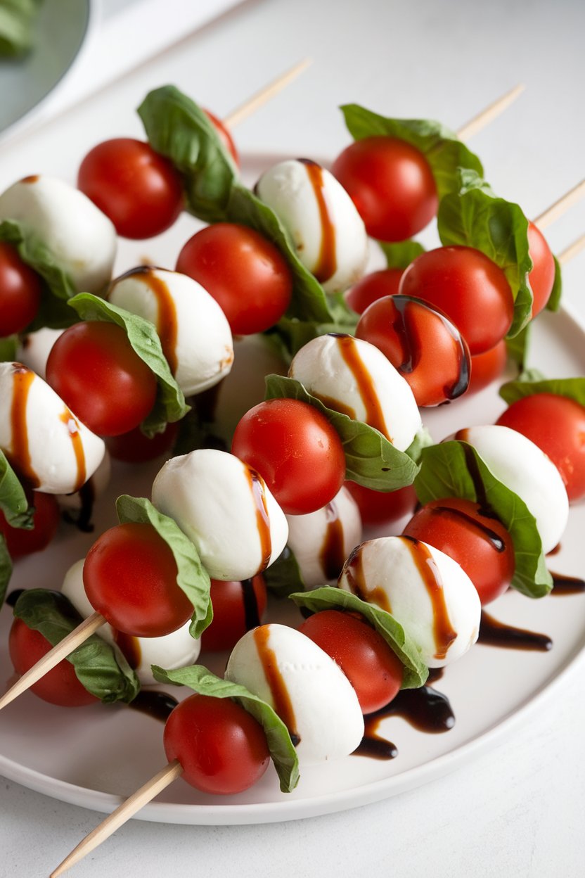 Indoor photo of mini skewers alternating grape tomatoes, mozzarella pearls, and fresh basil leaves, lightly drizzled with balsamic glaze. No text or logos in frame.
