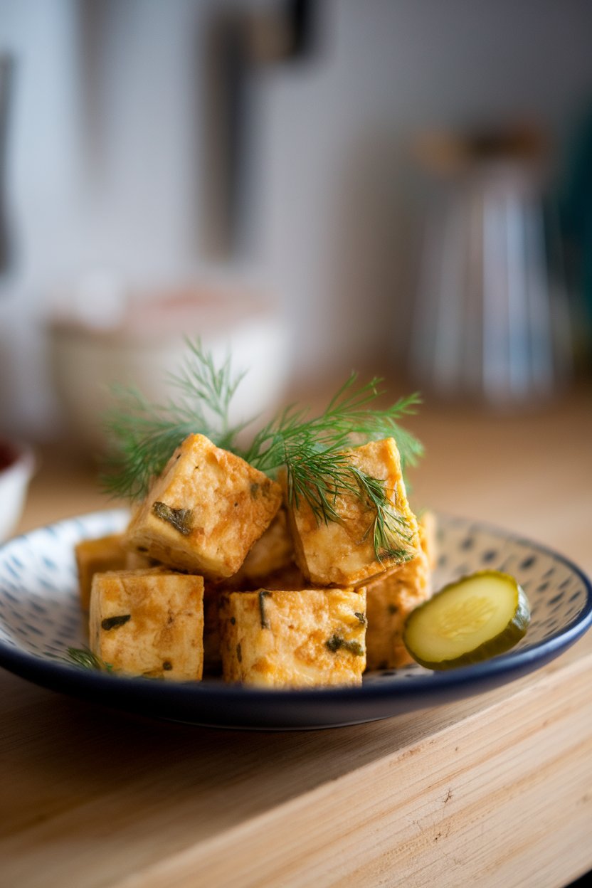 Photo prompt: Indoor plate with crispy golden tofu bites garnished with fresh dill, tiny pickle slices on the side. No text or logos.
