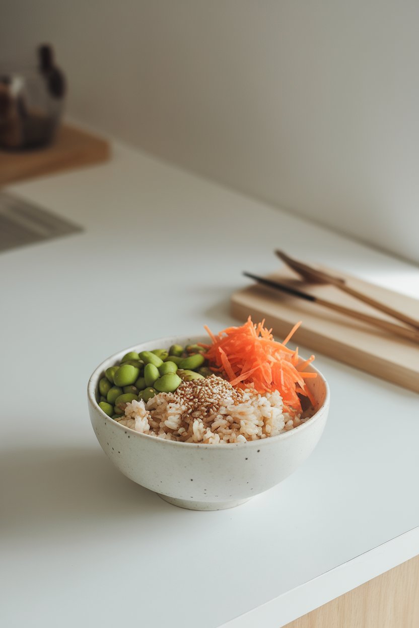 An indoor minimalist bowl filled with cooked brown rice, shelled edamame, shredded carrot, and sesame seeds; no text or logos. Photo only.