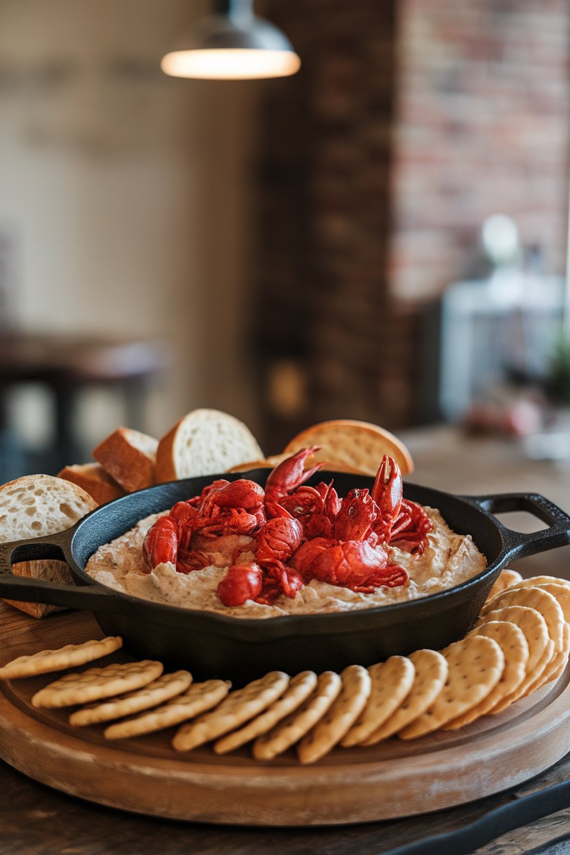 An indoor tabletop with a cast-iron skillet of creamy crawfish etouffée dip surrounded by baguette slices and butter crackers on a wooden board. No logos present.