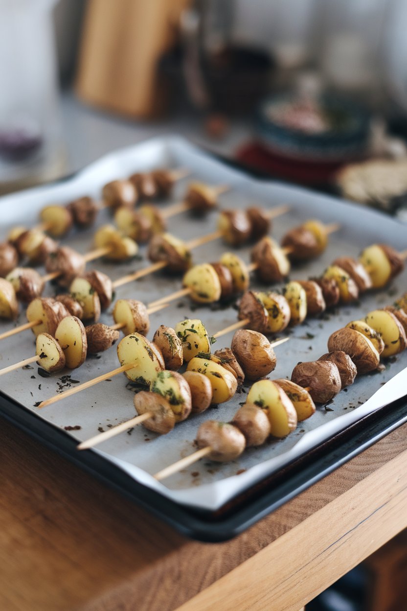 Indoor baking sheet of small roasted potato halves on wooden skewers, herbs visible, no text or logos
