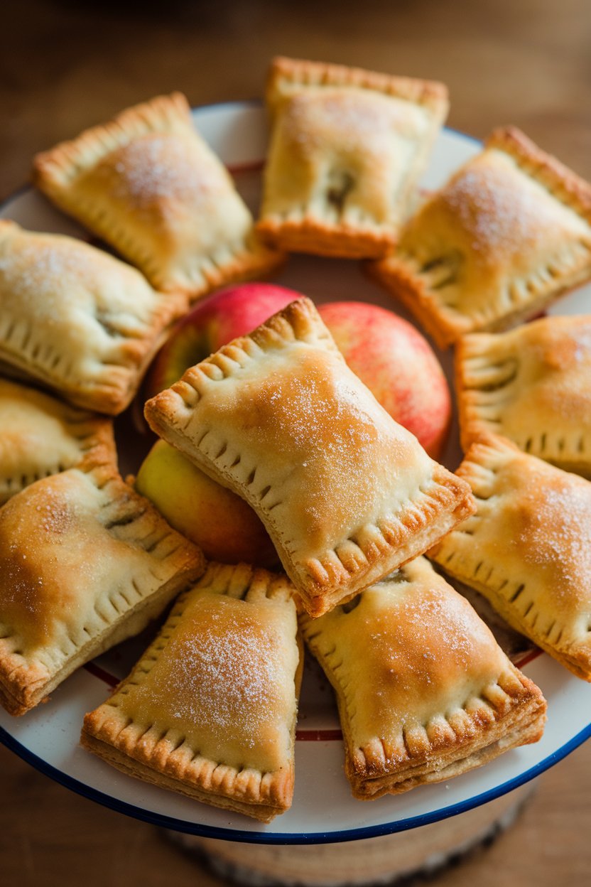 Indoor photo of small apple hand pies with flaky golden crusts and sugar dusting, no text or logos.