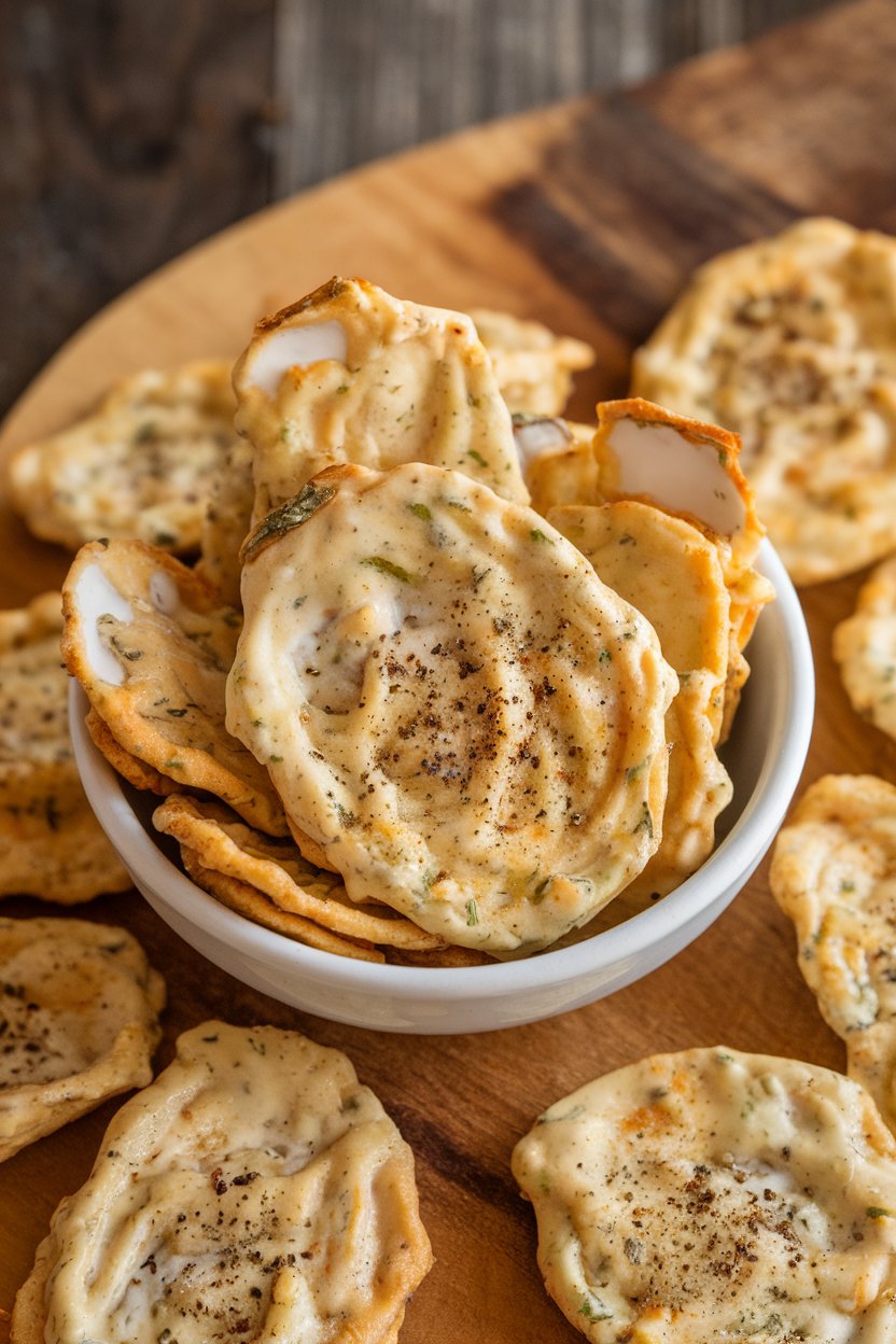 Indoor photo of a bowl filled with toasted ranch-coated oyster crackers, lightly speckled with herbs; no text or logos