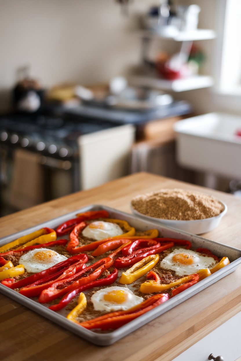An indoor countertop displaying a sheet pan with colorful roasted sweet pepper strips, creamy ricotta dollops, and baked eggs. No text or logos.