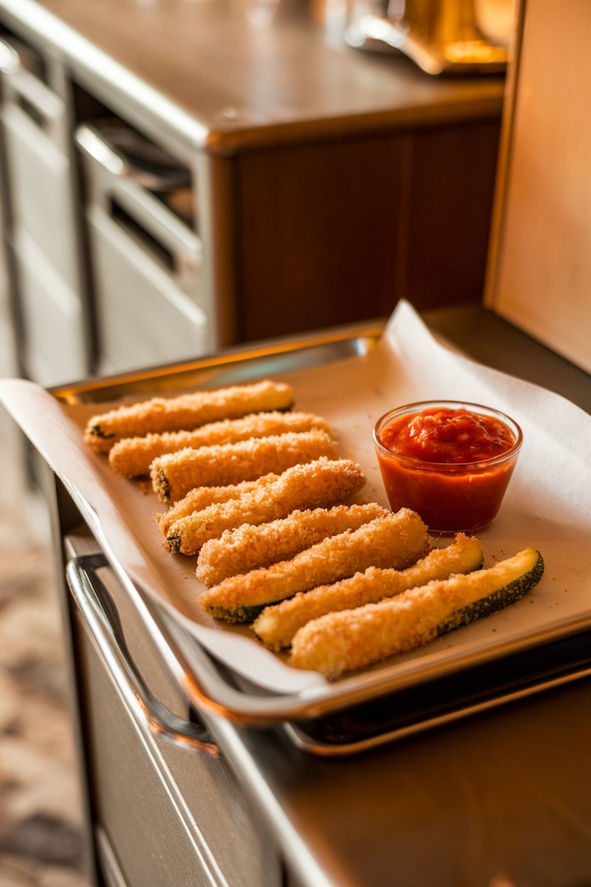 Photo of breaded zucchini sticks fresh out of the oven, served with marinara in a small cup, placed on an indoor sideboard. No text or logos.