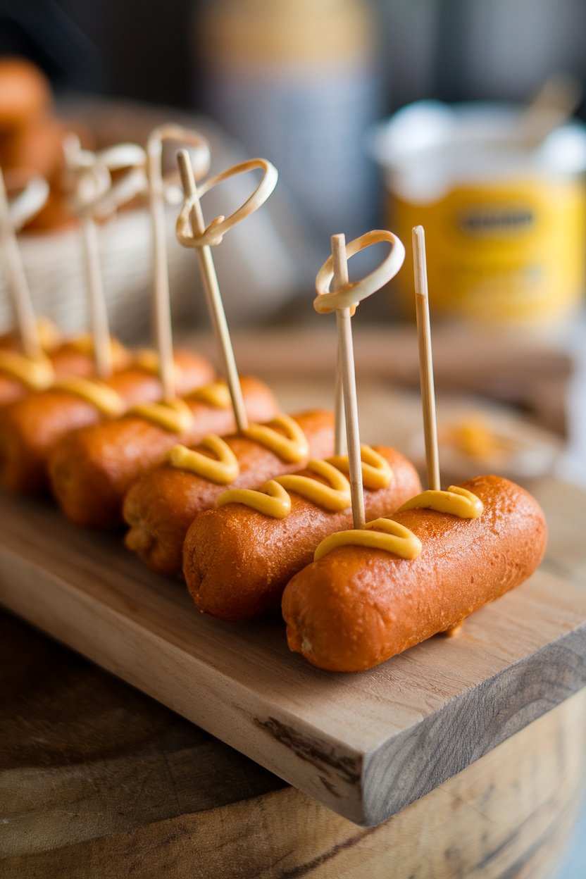 Indoor photo of mini corn dogs on skewers with mustard drizzle, no text or logos.