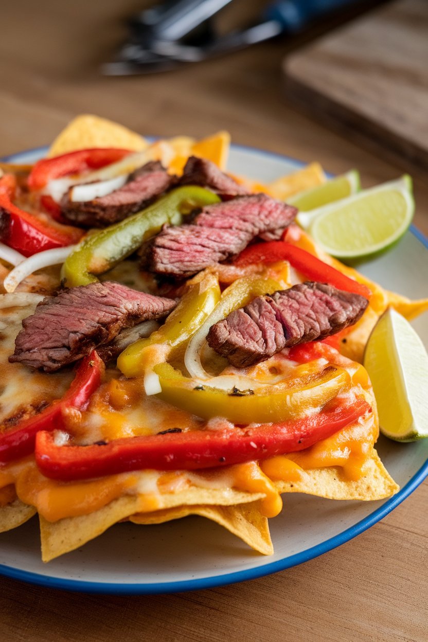 Indoor photo of nachos topped with sautéed bell peppers, onions, and steak strips, lime wedges nearby, no text or logos.